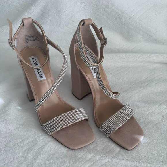 STEVE MADDEN Women's Nude Varali Jewel Suede Block Heel Sandal Size 7.5 Med; BOX - Picture 1 of 8